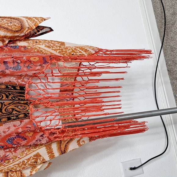 Entro Red Orange Paisley Print Hippie Bohemian Wide Sleeve Fringe Hem Kimono -M - Picture 4 of 12
